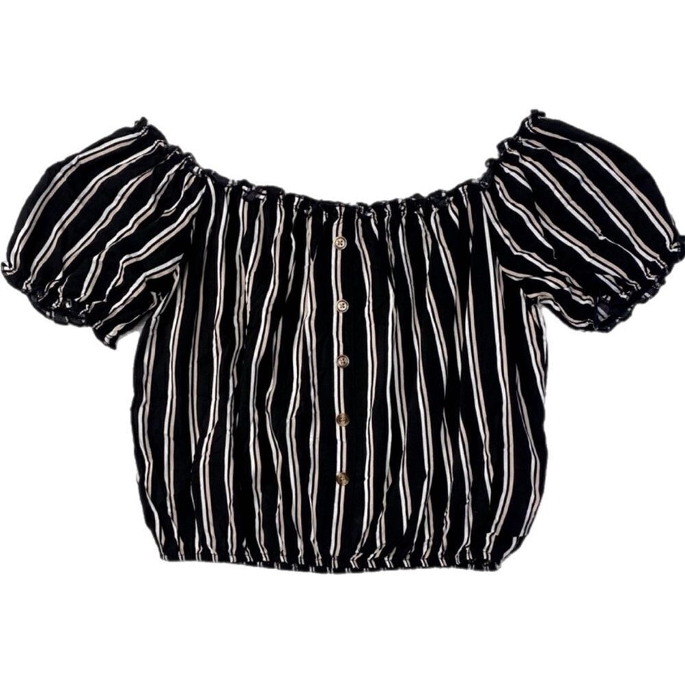 Mi Ami Andell Black & White Stripe Off The Shoulder Puff Sleeve Crop Blouse